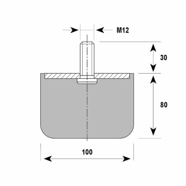Tampon      amortisseur cylindrique caoutchouc Ø100 x 80 mm • Tige filetée M12 x 25 mm