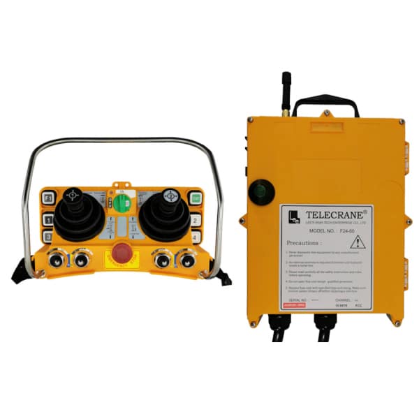 Radiocommande Telecrane F24 – 60N  • 2 Joysticks 2 axes • (5 boutons poussoir 1 cran) • 4 interrupteurs à levier