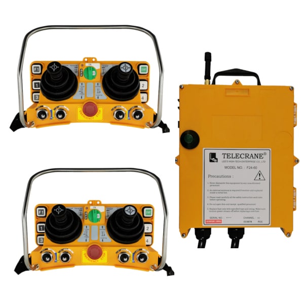 Radiocommande Telecrane F24 – 60N avec 1 émetteur de secours • 2 Joysticks 2 axes • (5 boutons poussoir 1 cran) • 4 interrupteurs à levier