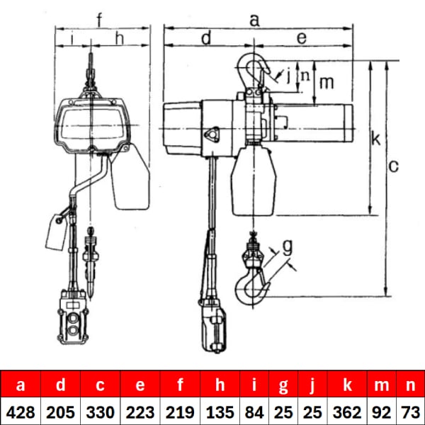 Palan électrique à chaîne KITO fixe à crochet (230V monophasé) 160 kg