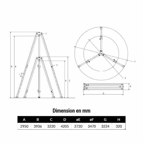 Tripode 2 000kg levage de 2,9 m à 3,9 m
