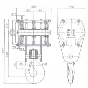 Moufle        pour palan 3 réas • Charge 32 t (M4) • Entraxe 190-190 mm • Pour câble Ø 18 mm