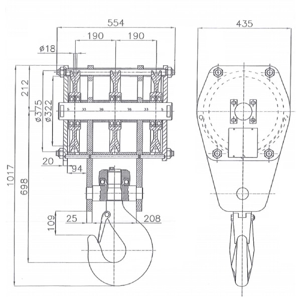 Moufle        pour palan 3 réas • Charge 32 t (M4) • Entraxe 190-190 mm • Pour câble Ø 18 mm