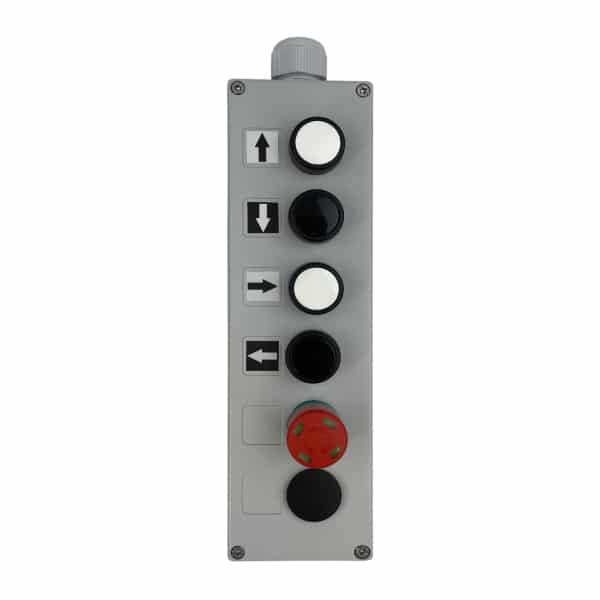 Boîte à boutons pneumatique pour circuit de commande 2,7 x 4 mm 1 vitesse de levage • 1 vitesse de direction • arrêt d’urgence