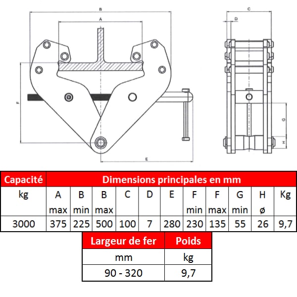 Griffe de suspension • 3t • Fer 90 x 320 mm