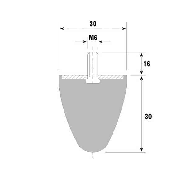 Tampon amortisseur conique caoutchouc Ø30 x 30 mm • Tige filetée M6 x 16 mm