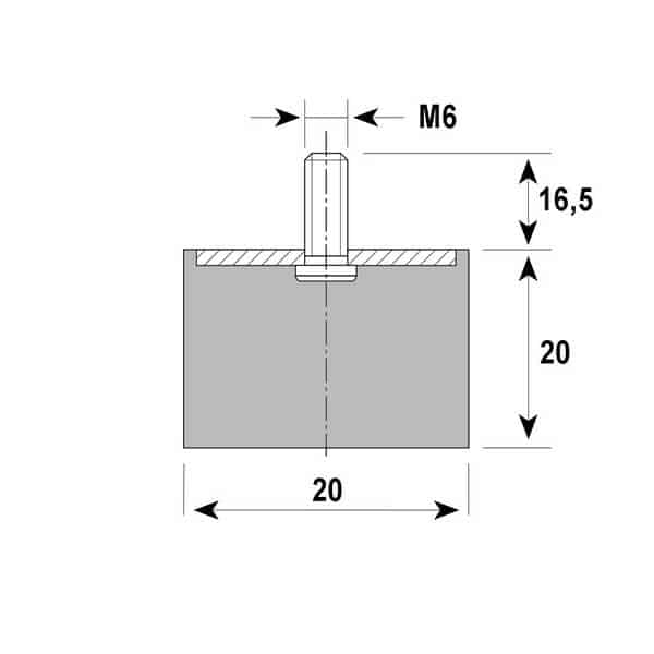 Tampon                               amortisseur cylindrique caoutchouc Ø20 x 20 mm • Tige filetée M6 x 16 mm