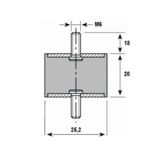 Tampon caoutchouc Silentbloc Ø 25,5 x 20 mm • 2 Tiges filetées M6 x 18 mm