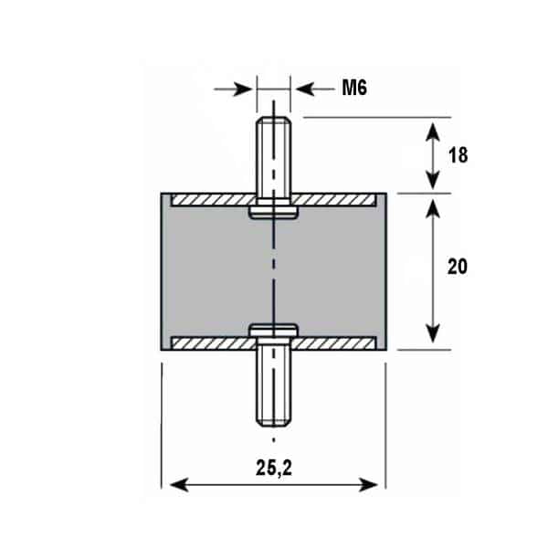 Tampon caoutchouc Silentbloc Ø 25,5 x 20 mm • 2 Tiges filetées M6 x 18 mm