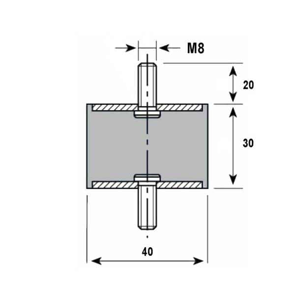 Tampon caoutchouc Silentbloc Ø 40 x 30 mm • 2 Tiges filetées M8 x 20 mm