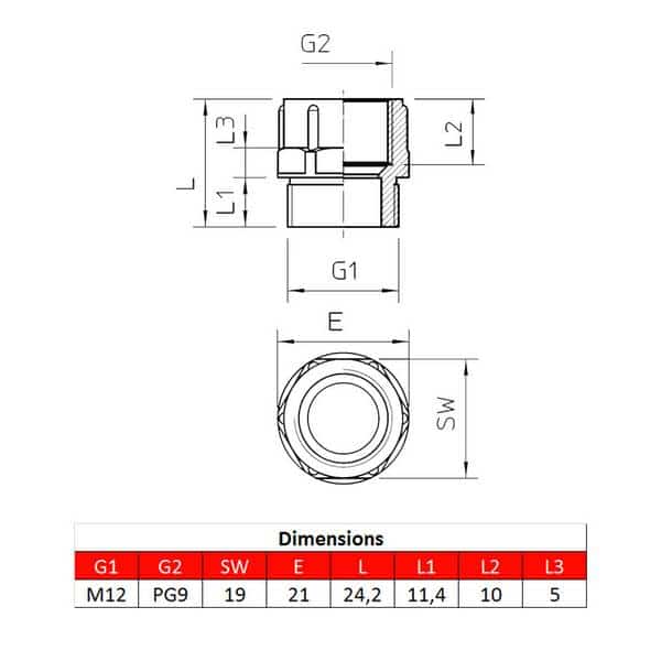 Adaptateur • M12 – PG9 • pour presse-étoupe
