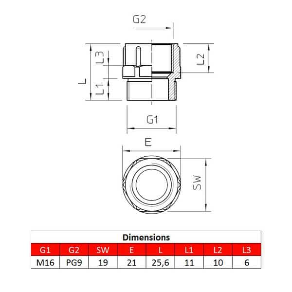 Adaptateur • M16 – PG9 • pour presse-étoupe