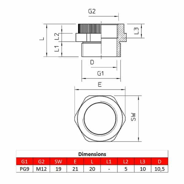 Adaptateur PG9 – M12 pour presse-étoupe