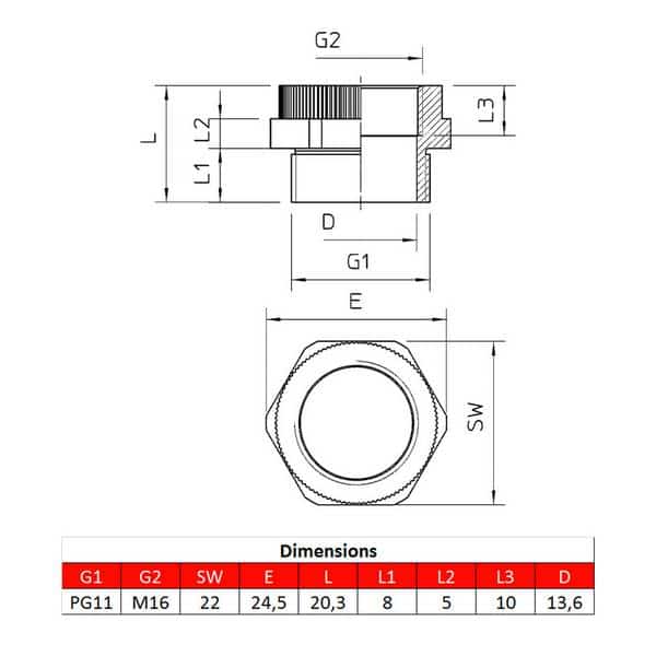 Adaptateur PG11 – M16 pour presse-étoupe