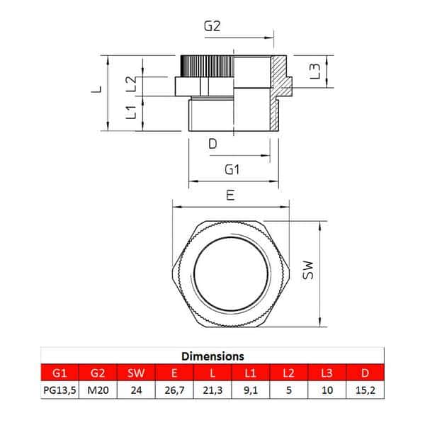 Adaptateur pour presse-étoupe • PG13 – M20