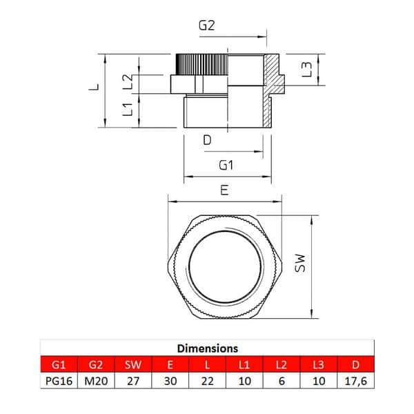 Adaptateur pour presse-étoupe • PG16 – M20