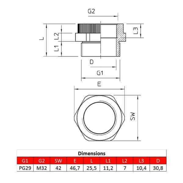 Adaptateur PG29 – M32 pour presse-étoupe
