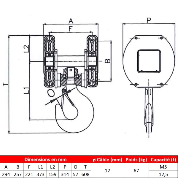 Moufle   pour palan 2 réas • Charge 12,5 t (M5) • Entraxe 221mm • Pour câble Ø 11-12mm