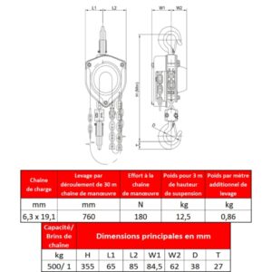 Palan  manuel standard fixe à crochet en inox 500 kg – Pour salle blanche