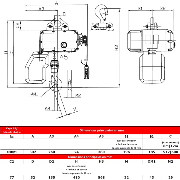 Palan électrique HADEF 1 000 kg